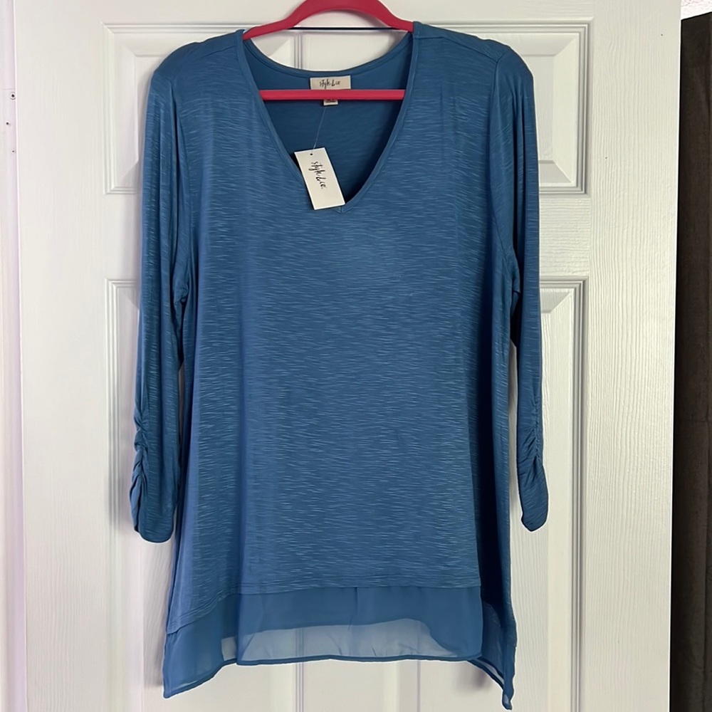 NWT Style & Co. Riviera blue V neck 3/4 ruched sleeve, chiffon hem top, tunic.